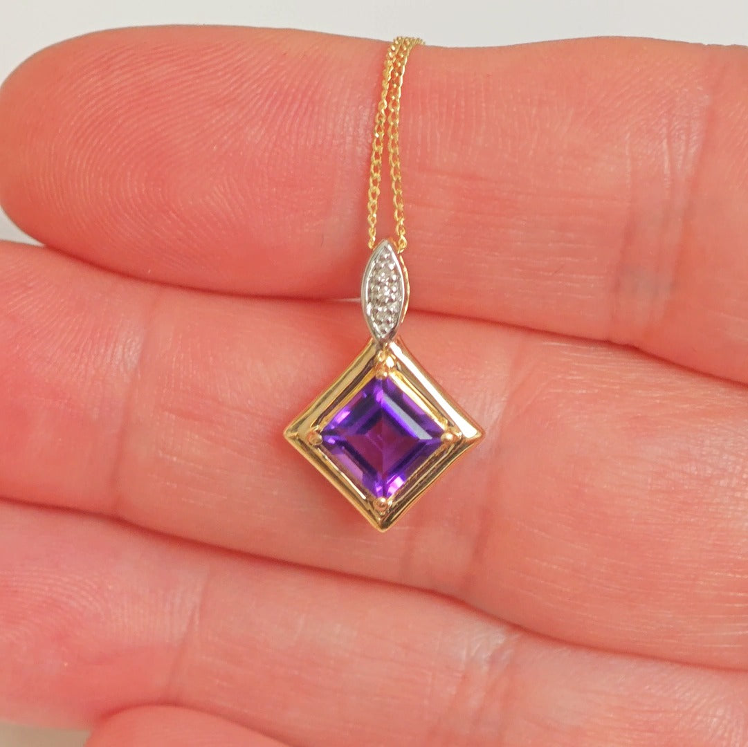 9ct Amethyst Necklace Yellow Gold 1.05ct Purple Square Natural Gemstone