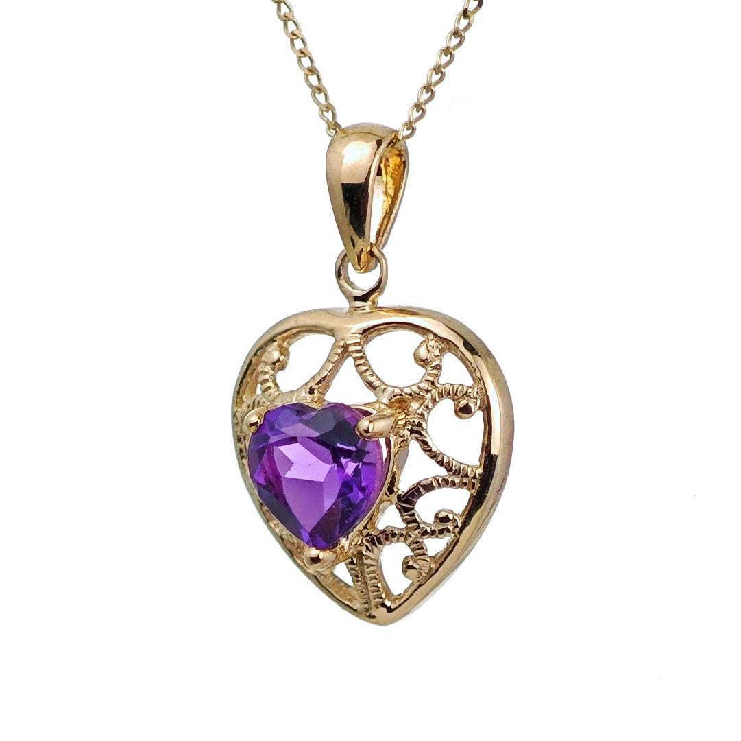 9ct Amethyst Heart Necklace Yellow Gold 0.68ct Purple Natural Gemstone