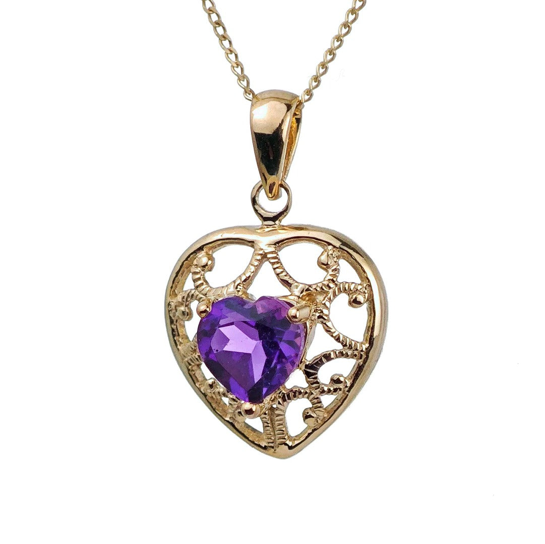 9ct Amethyst Heart Necklace Yellow Gold 0.68ct Purple Natural Gemstone