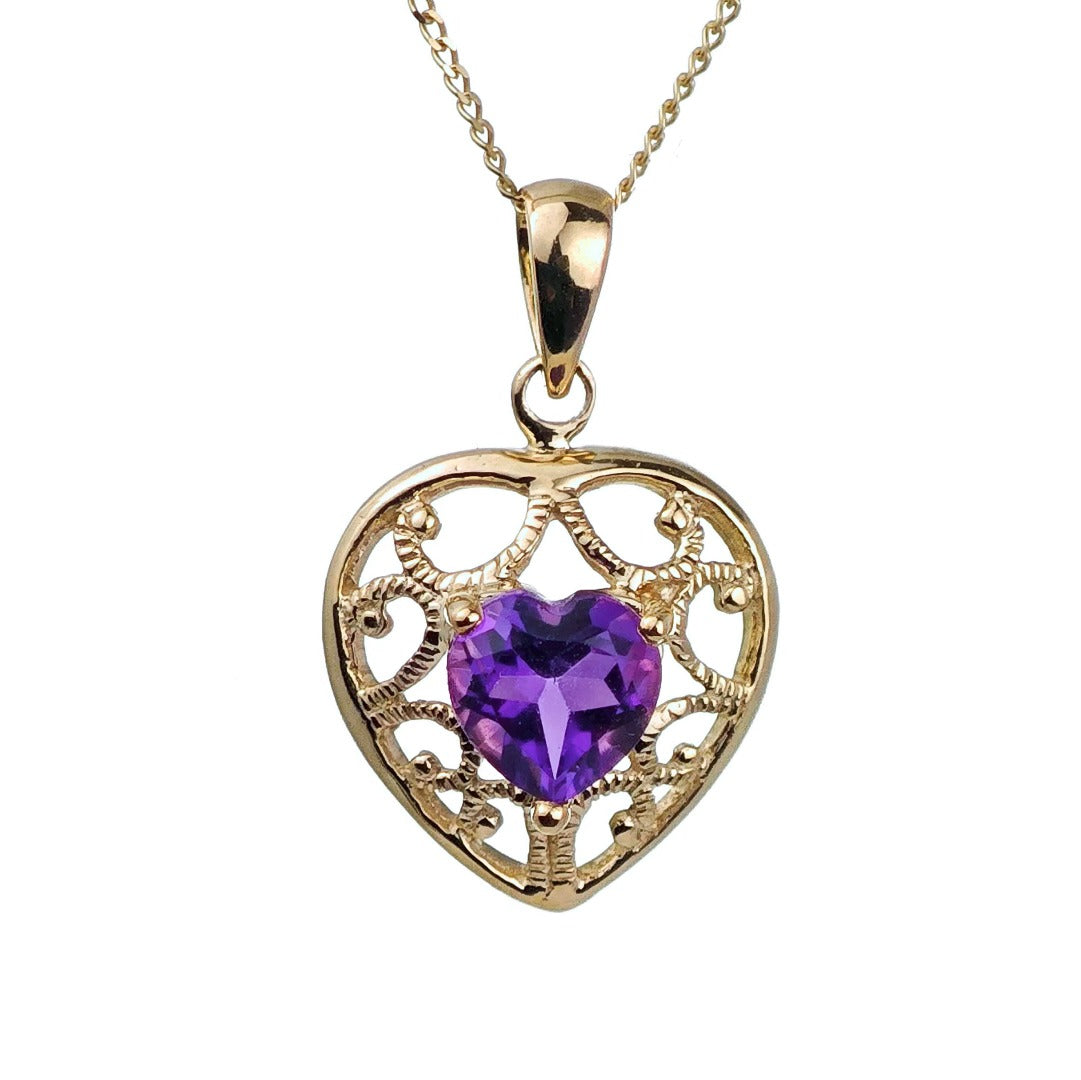 9ct Amethyst Heart Necklace Yellow Gold 0.68ct Purple Natural Gemstone