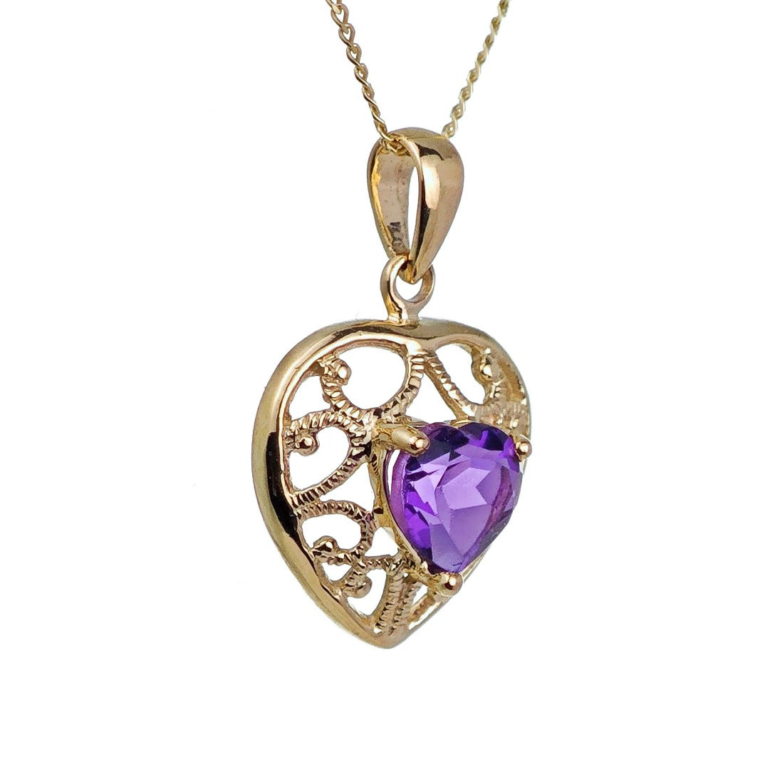 9ct Amethyst Heart Necklace Yellow Gold 0.68ct Purple Natural Gemstone