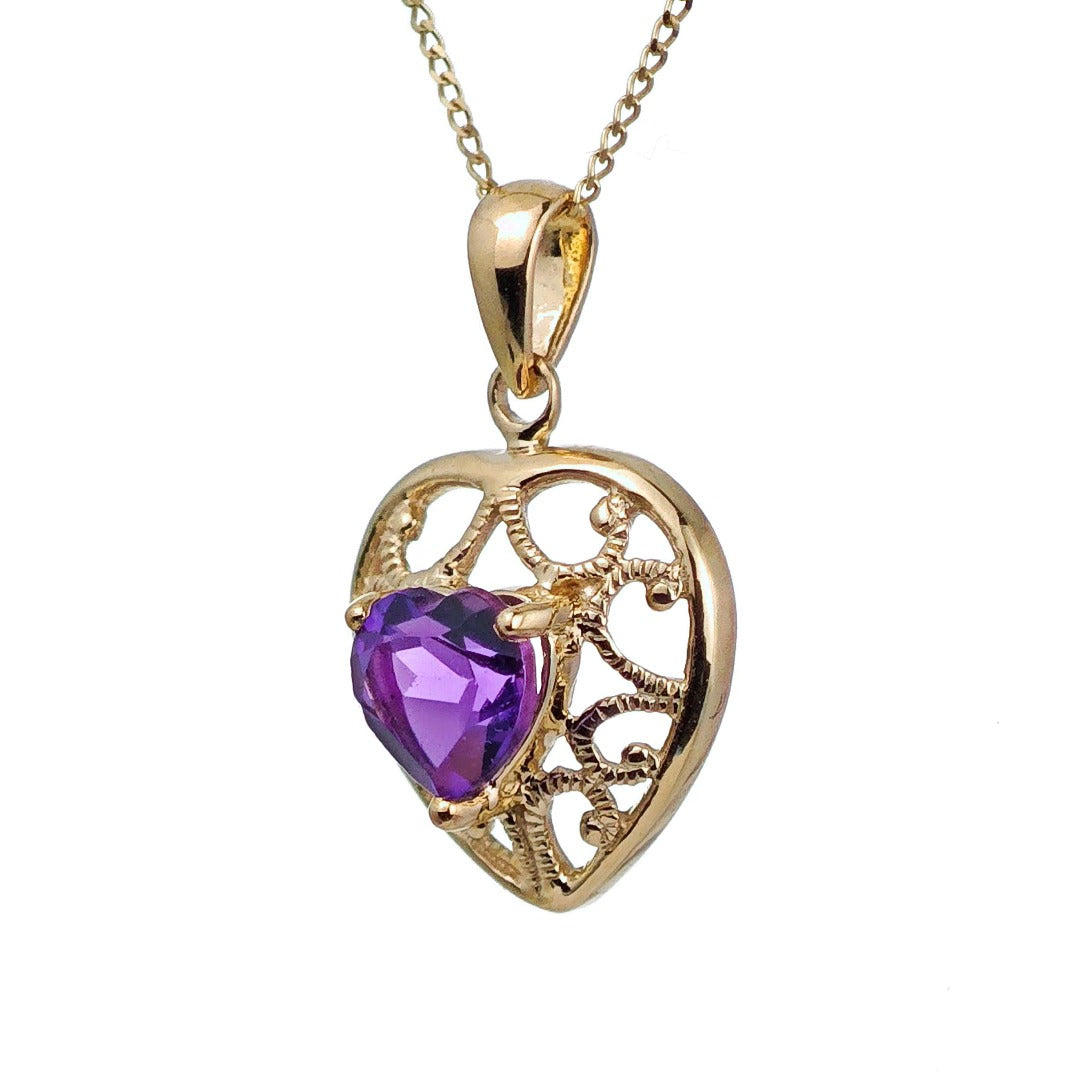 9ct Amethyst Heart Necklace Yellow Gold 0.68ct Purple Natural Gemstone