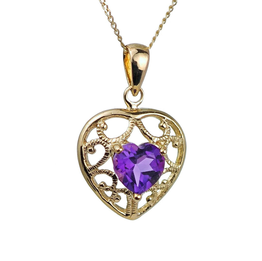 9ct Amethyst Heart Necklace Yellow Gold 0.68ct Purple Natural Gemstone