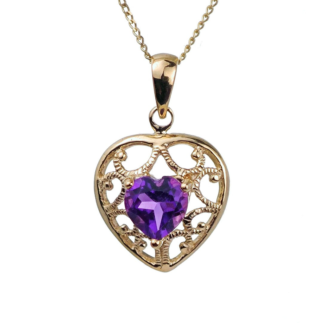 9ct Amethyst Heart Necklace Yellow Gold 0.68ct Purple Natural Gemstone