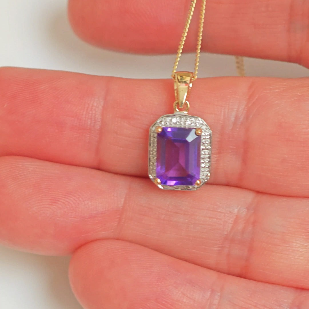 9ct Amethyst Necklace Yellow Gold 2.2ct Purple Square Natural Gemstone