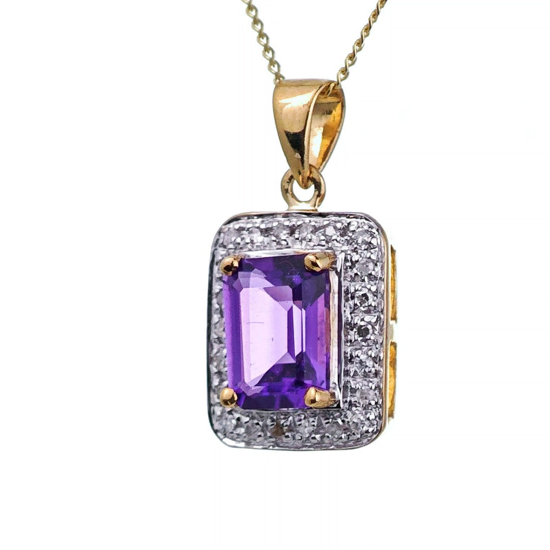 9ct Amethyst Necklace Yellow Gold 1.4ct Purple Square Natural Gemstone