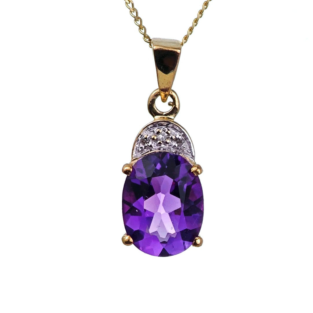 9ct Amethyst Necklace Diamond Yellow Gold 1.6ct Purple Oval Natural Gemstone