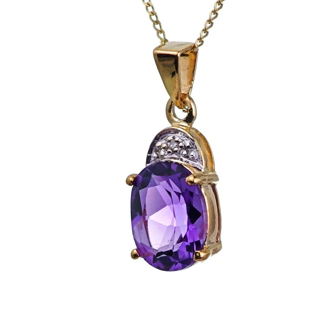 9ct Amethyst Necklace Diamond Yellow Gold 1.6ct Purple Oval Natural Gemstone