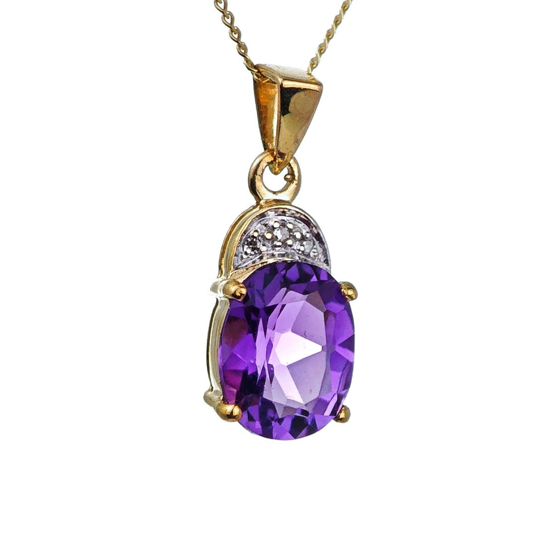 9ct Amethyst Necklace Diamond Yellow Gold 1.6ct Purple Oval Natural Gemstone