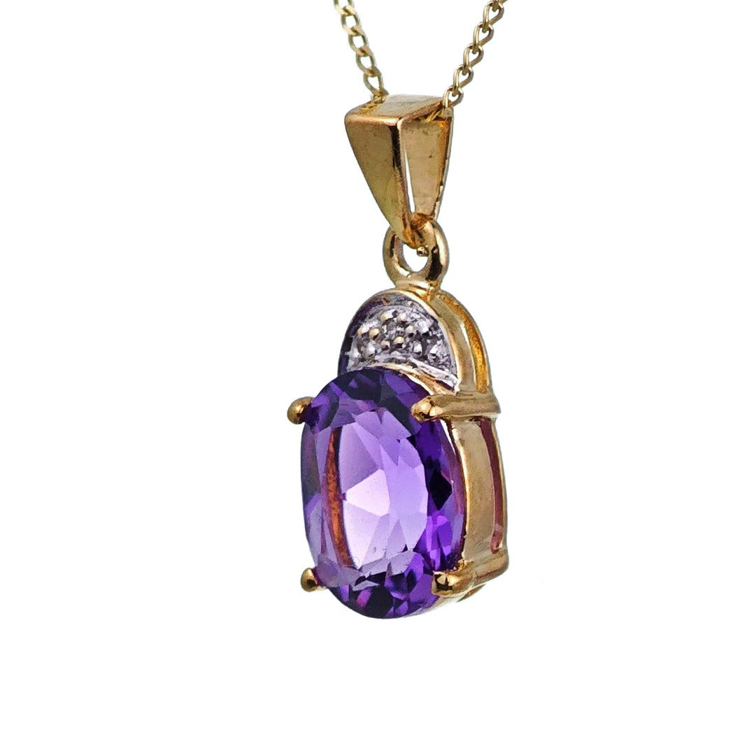 9ct Amethyst Necklace Diamond Yellow Gold 1.6ct Purple Oval Natural Gemstone