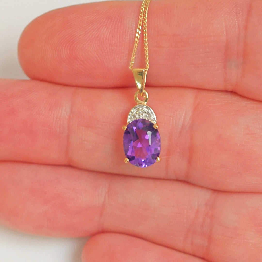 9ct Amethyst Necklace Diamond Yellow Gold 1.6ct Purple Oval Natural Gemstone