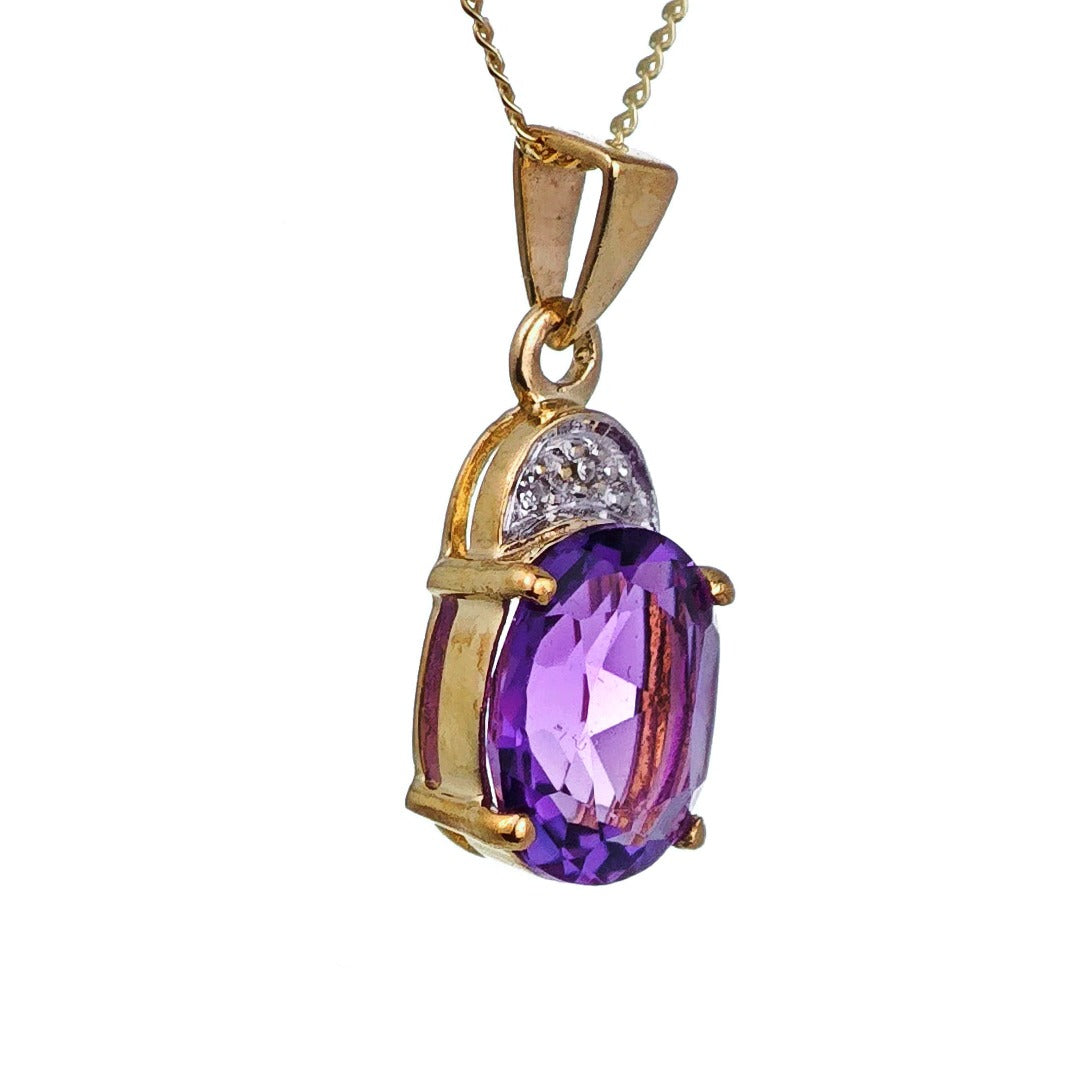 9ct Amethyst Necklace Diamond Yellow Gold 1.6ct Purple Oval Natural Gemstone