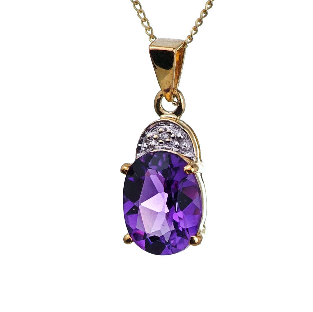 9ct Amethyst Necklace Diamond Yellow Gold 1.6ct Purple Oval Natural Gemstone