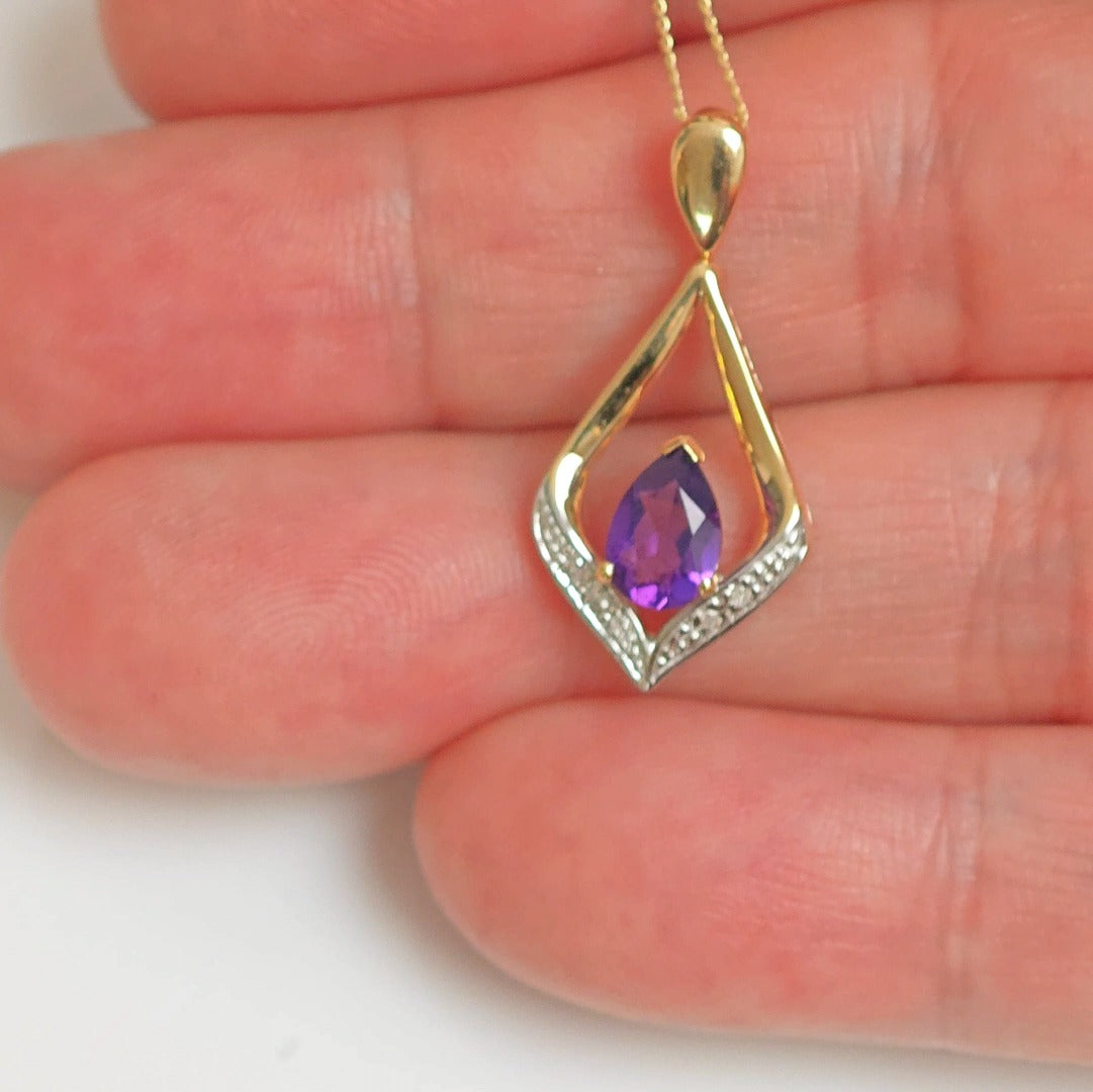 9ct Amethyst Necklace Yellow Gold 0.59ct Purple Pear Natural Gemstone