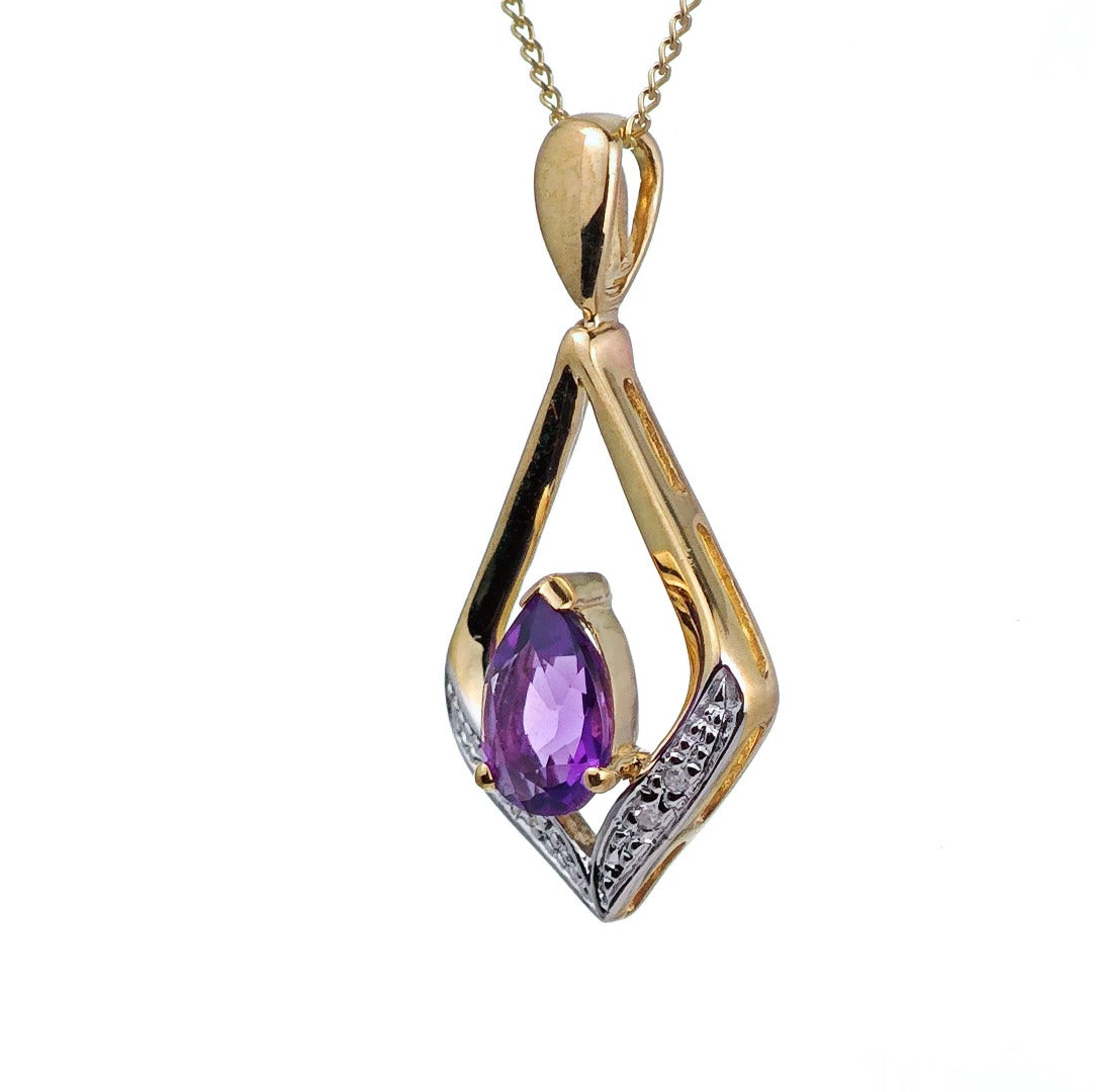 9ct Amethyst Necklace Yellow Gold 0.59ct Purple Pear Natural Gemstone