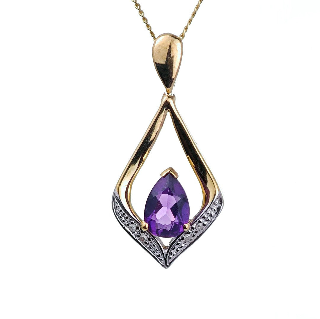 9ct Amethyst Necklace Yellow Gold 0.59ct Purple Pear Natural Gemstone