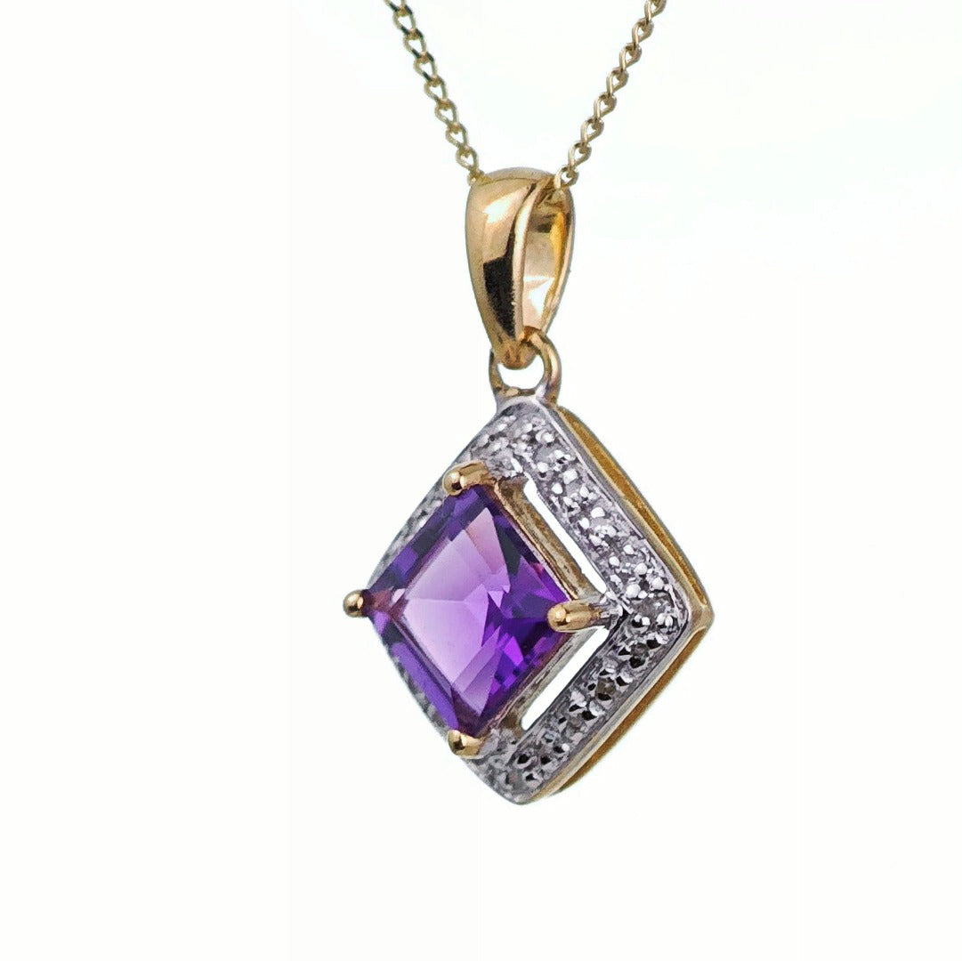 9ct Amethyst Necklace Yellow Gold 2ct Purple Cushion Natural Gemstone