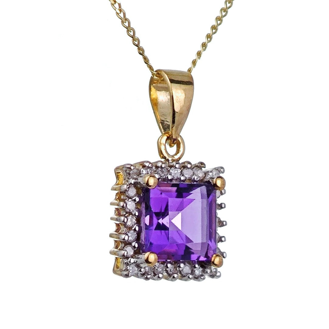 9ct Amethyst Necklace Yellow Gold 1ct Purple Square Natural Gemstone