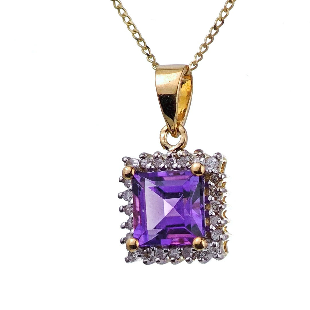 9ct Amethyst Necklace Yellow Gold 1ct Purple Square Natural Gemstone