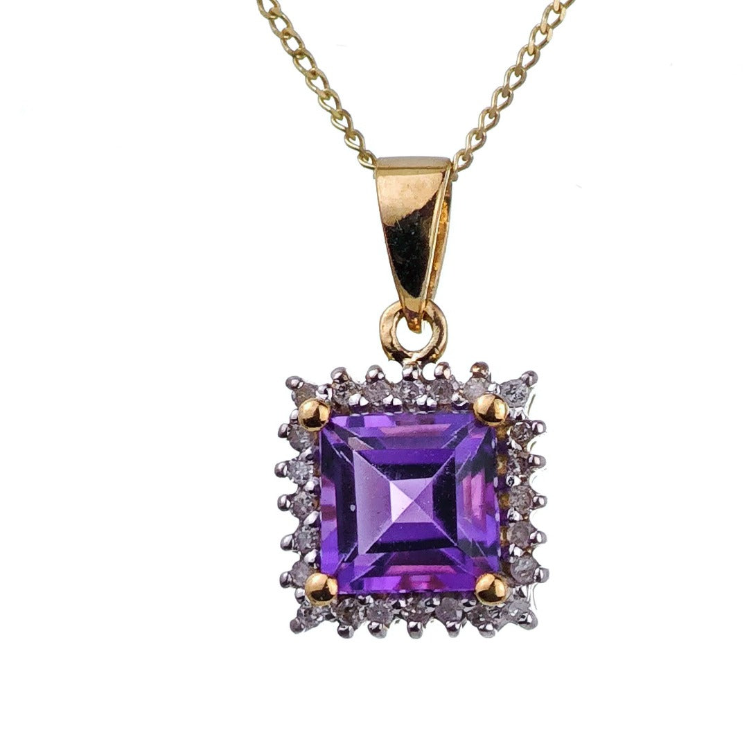 9ct Amethyst Necklace Yellow Gold 1ct Purple Square Natural Gemstone