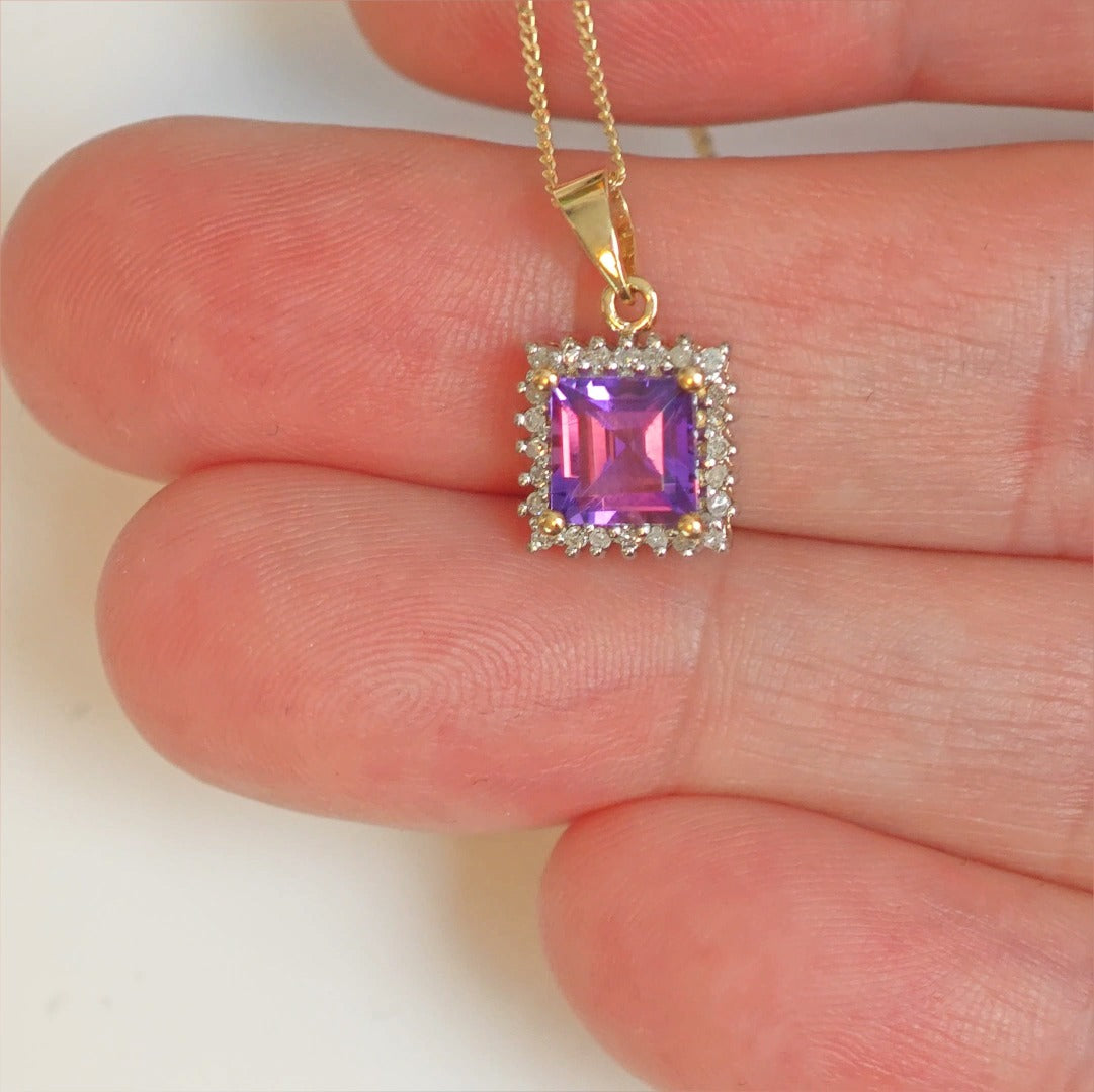 9ct Amethyst Necklace Yellow Gold 1ct Purple Square Natural Gemstone