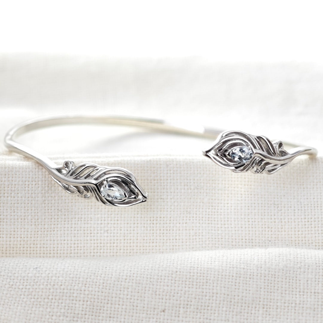 Aquamarine Bangle Sterling Silver Natural Blue Gemstones Peacock Feather Hallmark