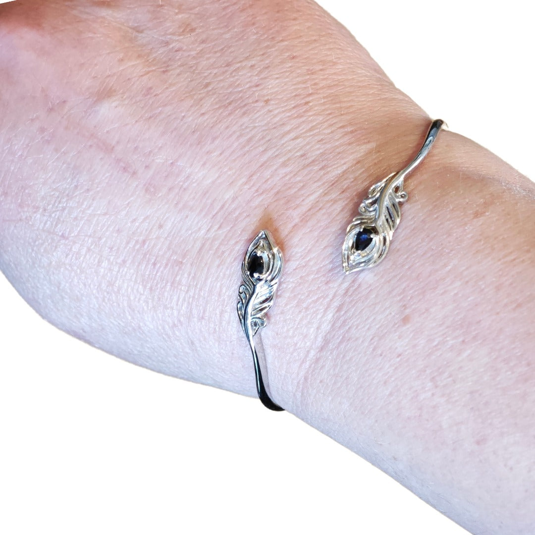 Sapphire Bangle Cuff Sterling Silver Peacock Feather Natural Gemstones Hallmarked