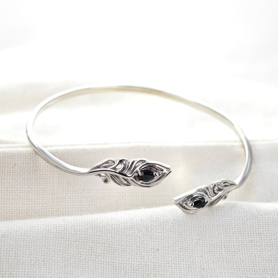 Sapphire Bangle Cuff Sterling Silver Peacock Feather Natural Gemstones Hallmarked