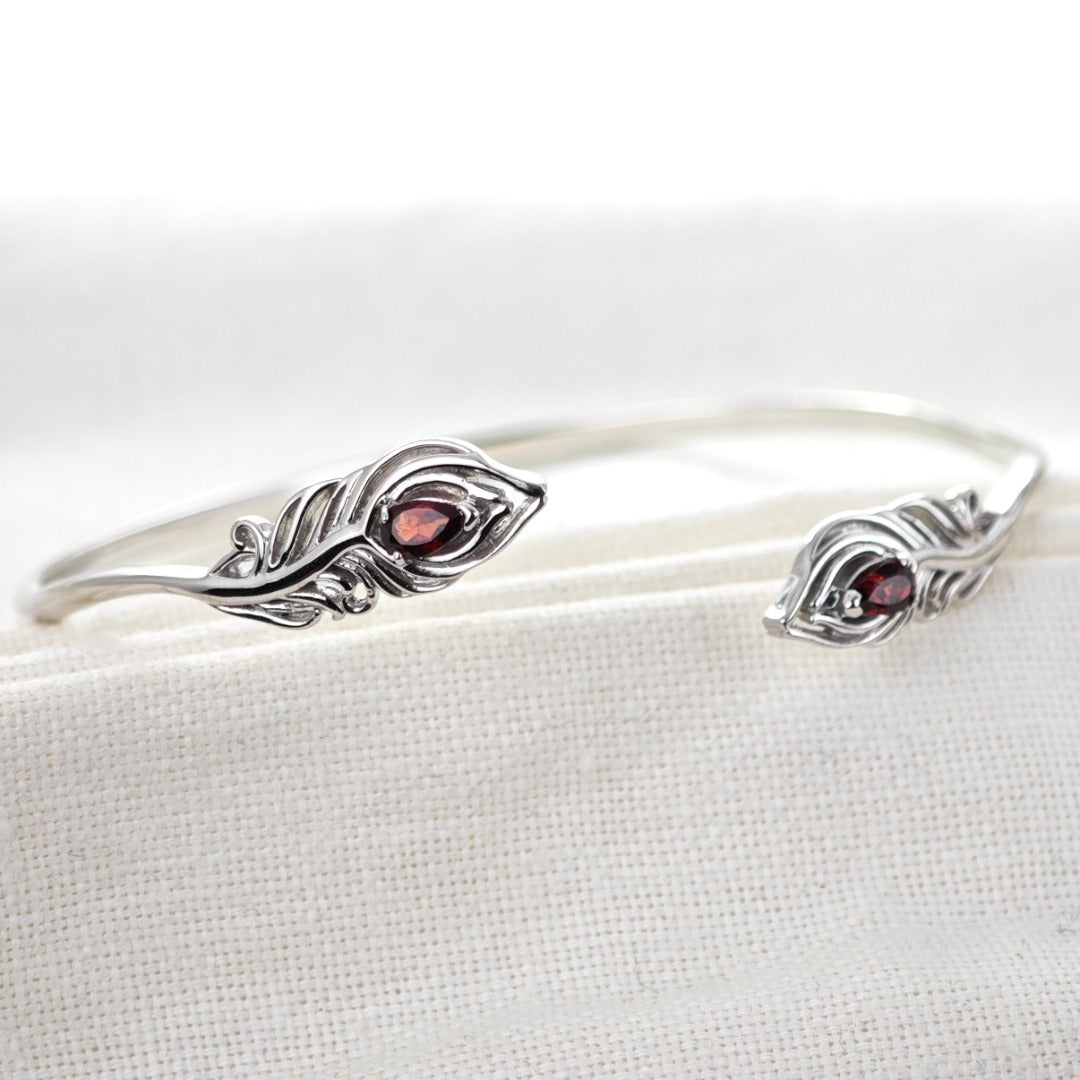 Garnet Bangle Sterling Silver Peacock Feather Red Natural Gemstones Hallmarked