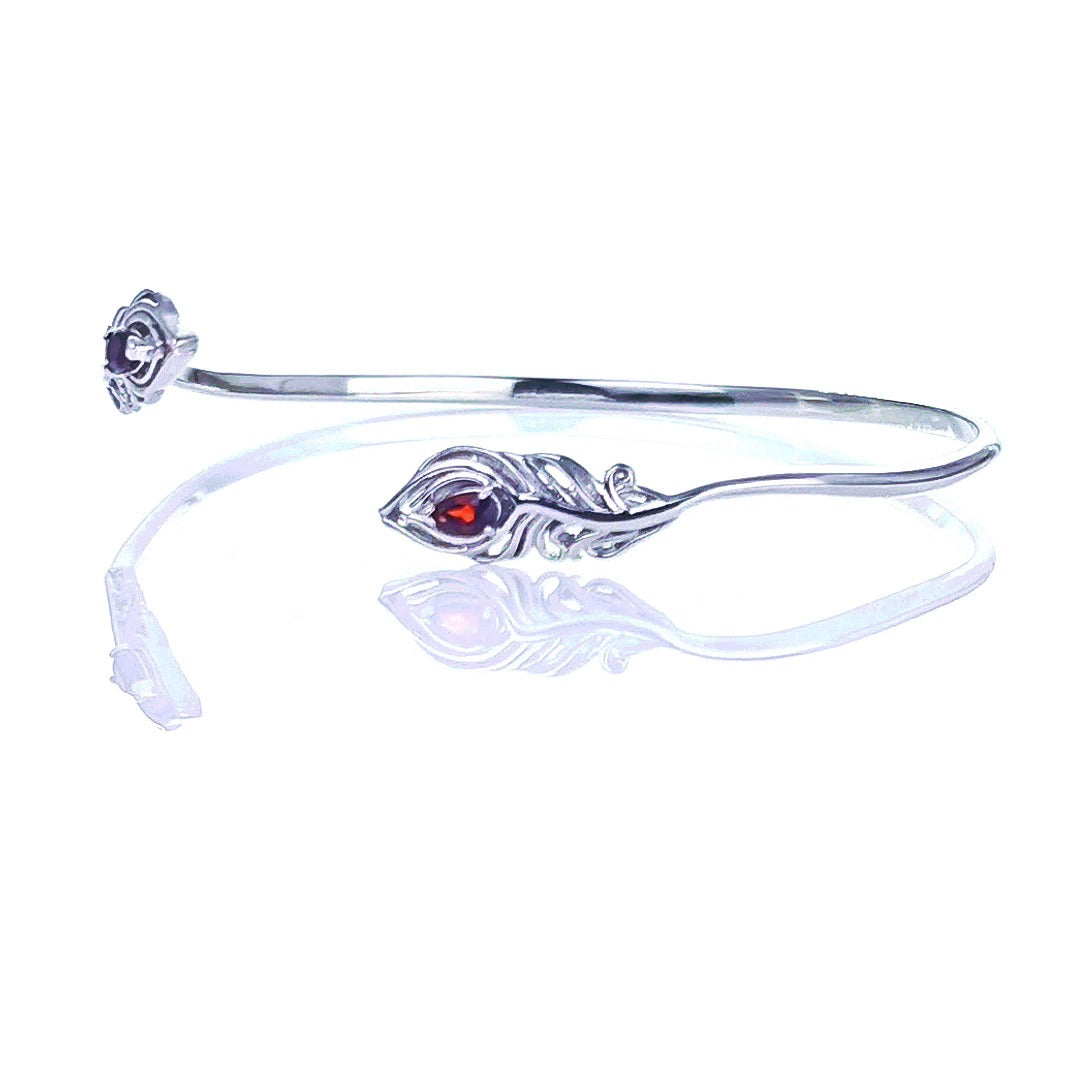 Garnet Bangle Sterling Silver Peacock Feather Red Natural Gemstones Hallmarked