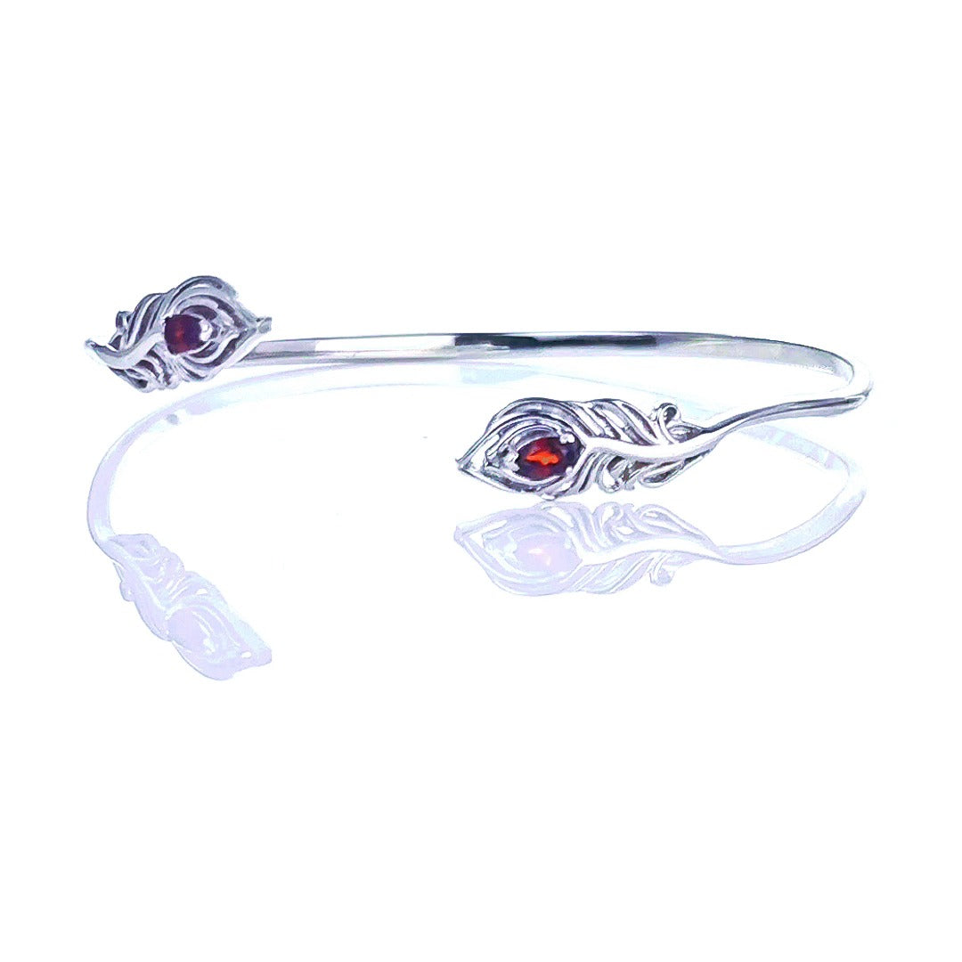 Garnet Bangle Sterling Silver Peacock Feather Red Natural Gemstones Hallmarked