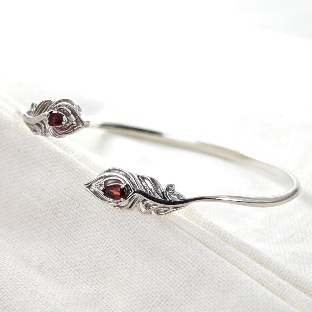 Garnet Bangle Sterling Silver Peacock Feather Red Natural Gemstones Hallmarked