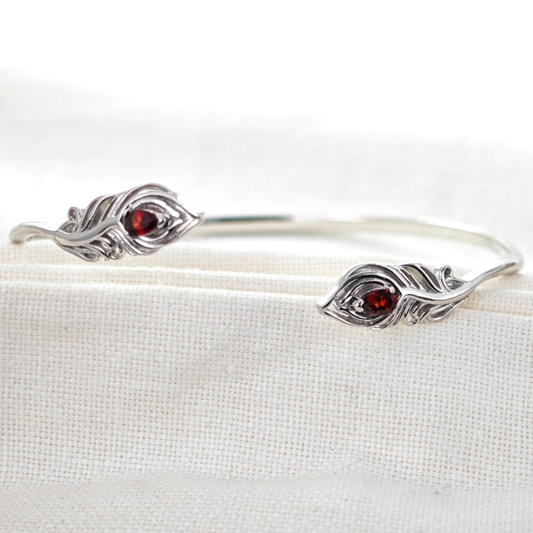 Garnet Bangle Sterling Silver Peacock Feather Red Natural Gemstones Hallmarked