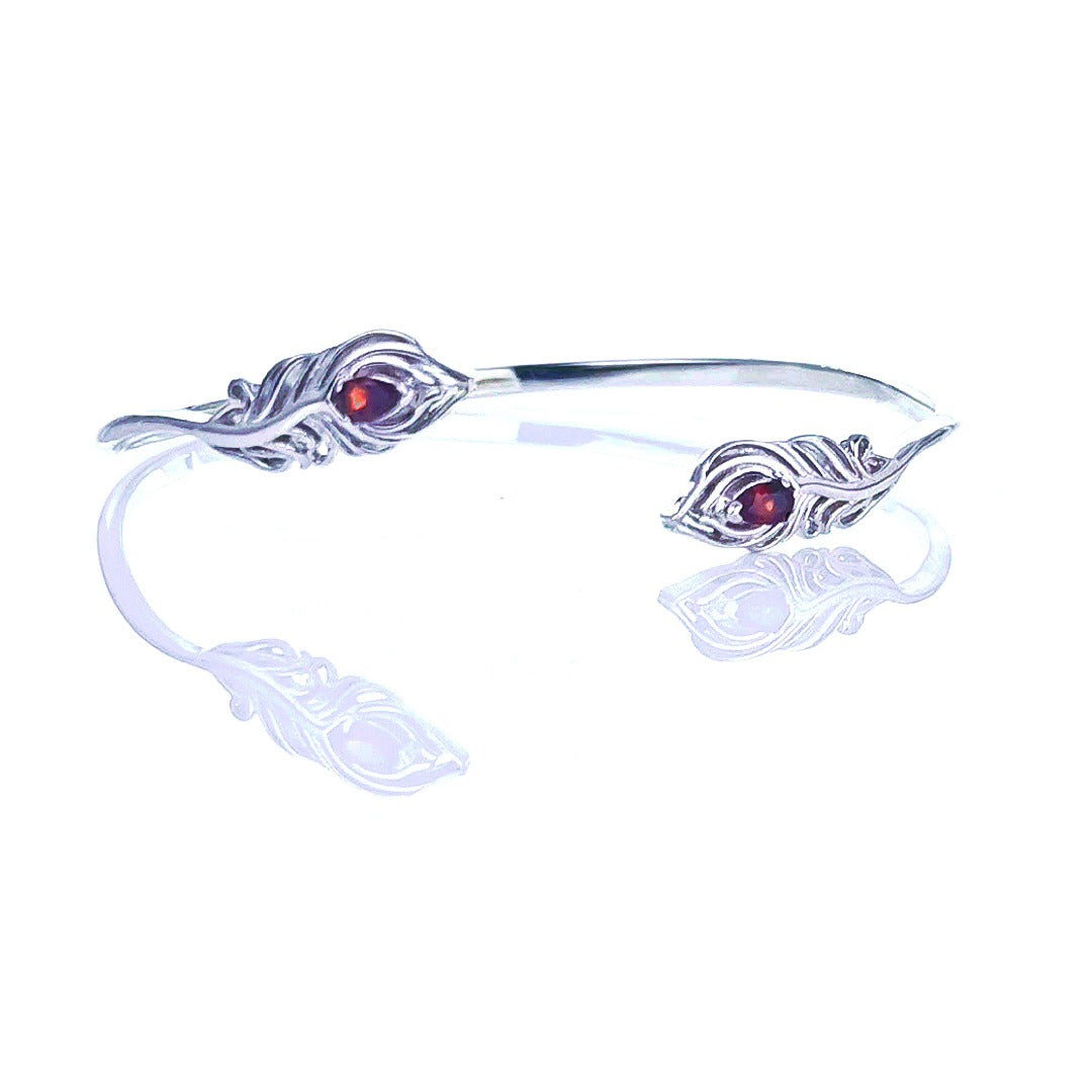 Garnet Bangle Sterling Silver Peacock Feather Red Natural Gemstones Hallmarked