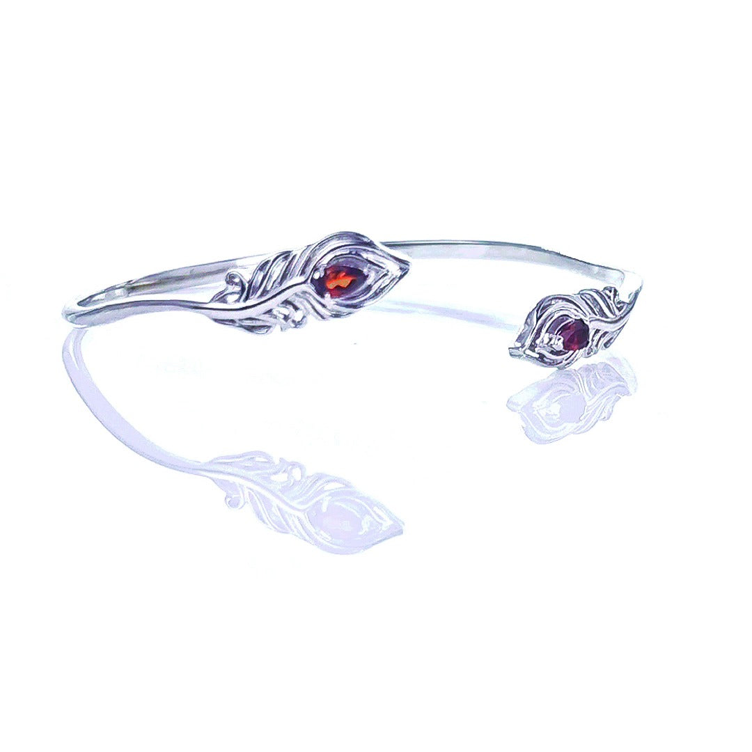 Garnet Bangle Sterling Silver Peacock Feather Red Natural Gemstones Hallmarked