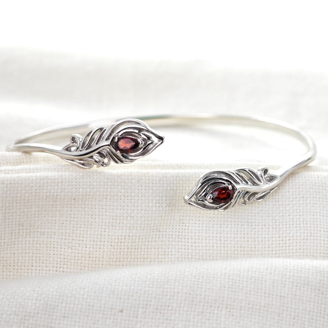 Garnet Bangle Sterling Silver Peacock Feather Red Natural Gemstones Hallmarked