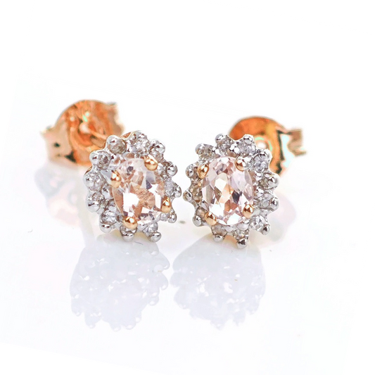 9ct Morganite Diamond  Earrings Studs Rose Gold Pink  0.3 ct  Natural Gemstonee
