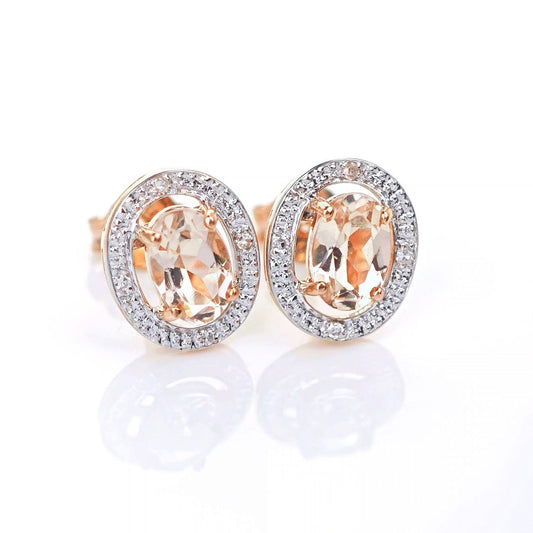 9ct Morganite Diamond Earrings Studs Rose Gold Pink  0.8 ct Natural Gemstone