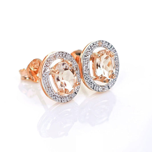 9ct Morganite Diamond Earrings Studs Rose Gold Pink  0.8 ct Natural Gemstone