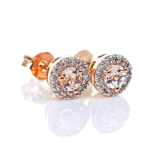 9ct Morganite Diamond  Earrings Studs Rose Gold Pink  0.29 ct  Natural Gemstone