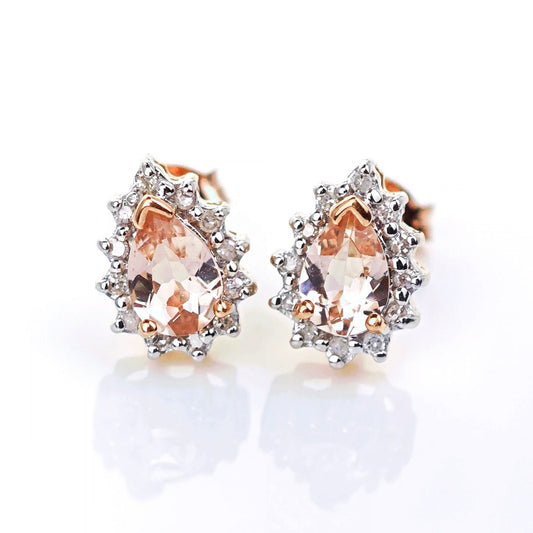9ct Morganite Diamond Earrings Studs Rose Gold Pink 0.66 ct Natural Gemstone