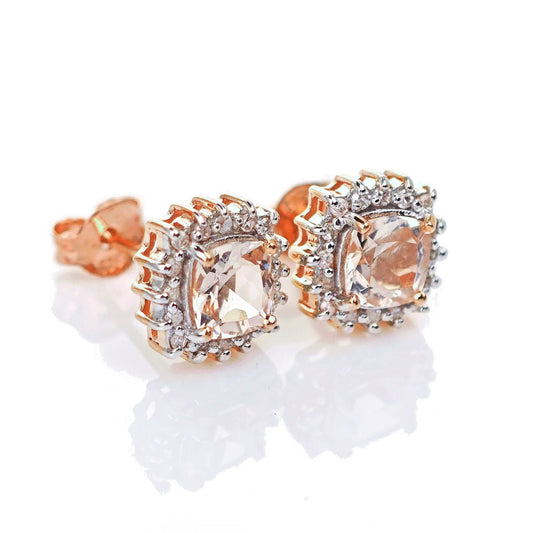 9ct Morganite Diamond Earrings Studs Rose Gold Pink 1.04 ct Natural Gemstone