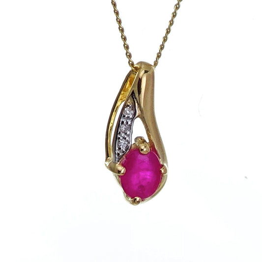 9ct Ruby Diamond Necklace Yellow Gold 0.46ct Red Oval Natural Gemstone