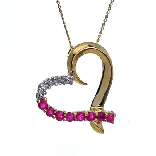 9ct Ruby Diamond Necklace Yellow Gold Heart 0.39ct Red Round Natural Gemstone
