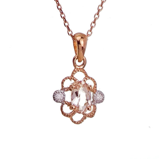 9ct Morganite Diamond Necklace Rose Gold Pink  0.18 ct Natural