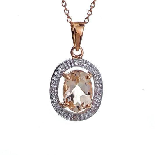 9ct Morganite Diamond Necklace Rose Gold Pink Oval 0.7 ct Natural Gemstone