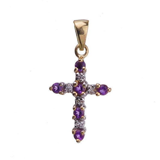 9ct Amethyst Diamond Cross Necklace Yellow Gold 0.18ct Purple Round Natural Gemstone