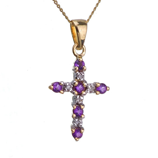 9ct Amethyst Diamond Cross Necklace Yellow Gold 0.18ct Purple Round Natural Gemstone