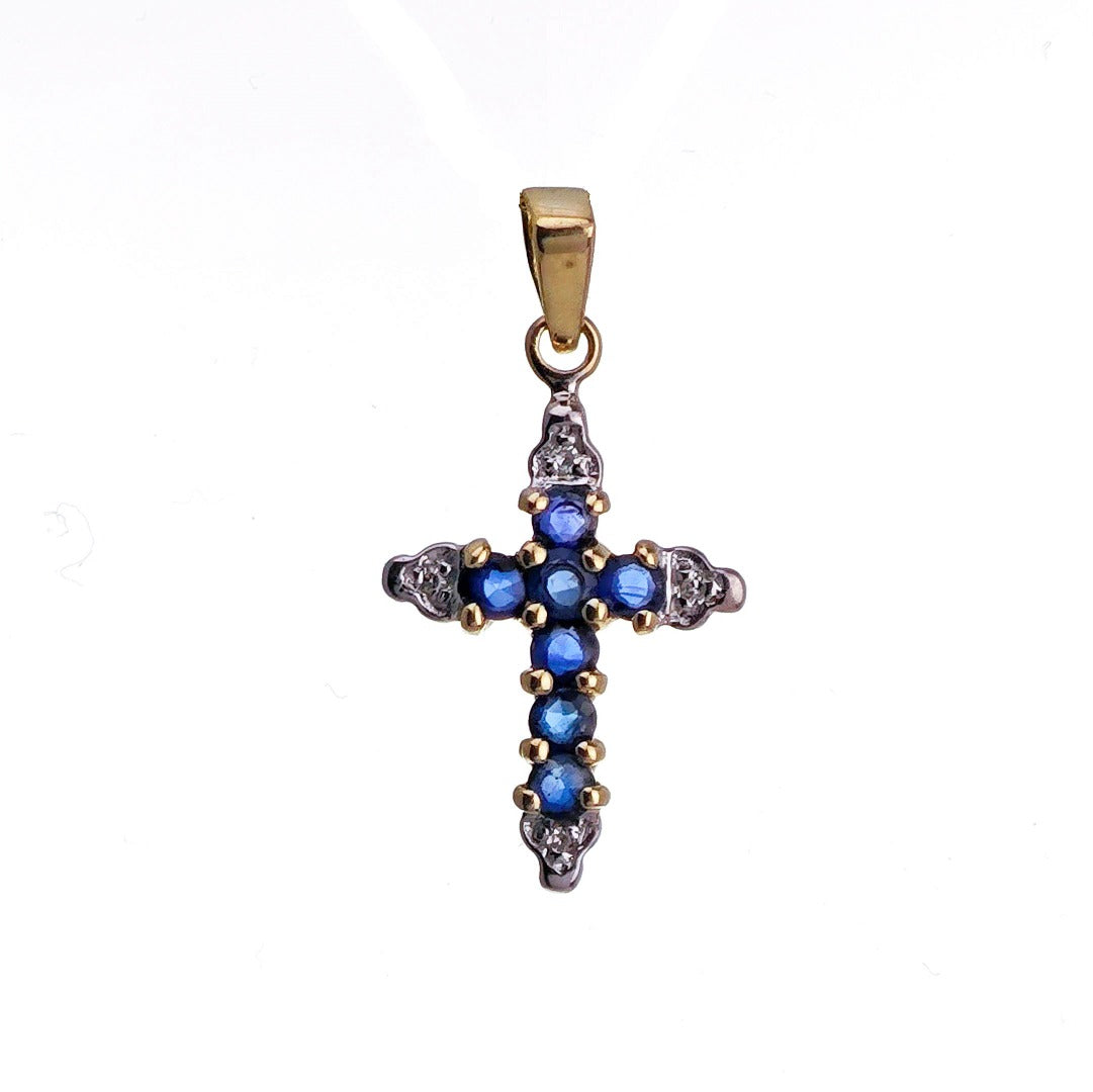 9ct Sapphire Diamond Cross Necklace SMALL Yellow Gold 0.31ct Blue Round Natural Gemstone