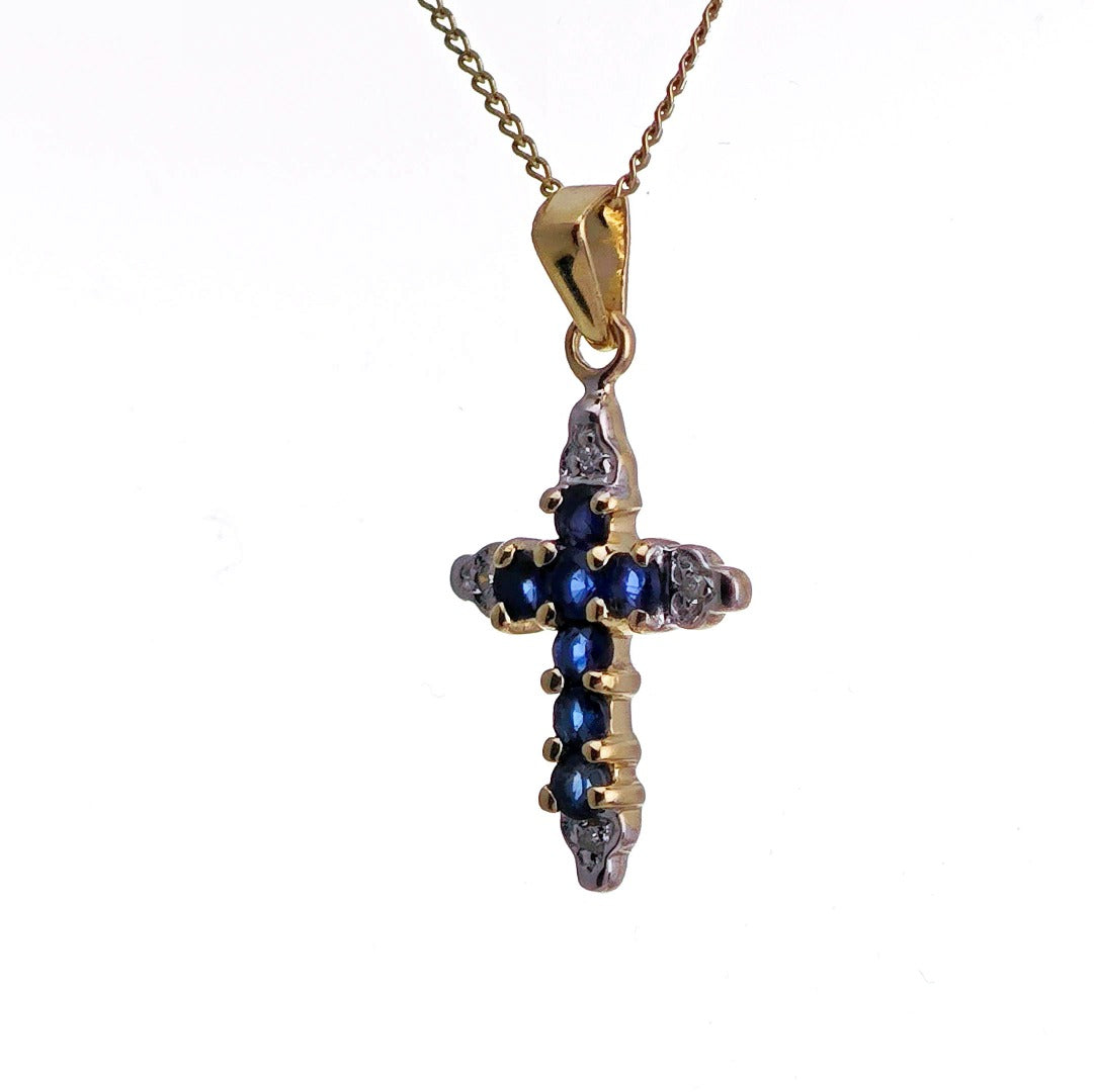 9ct Sapphire Diamond Cross Necklace SMALL Yellow Gold 0.31ct Blue Round Natural Gemstone